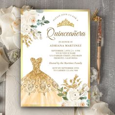 an elegant quinceaueria birthday party with flowers and gold dress on the front