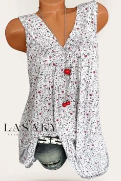 Lasaky - Chic Sleeveless V-Neck Casual T-Shirt with Delicate Printed Floral Design Sleeveless Blouses, Floral Prints Fashion, Womens Tops Summer, Women Tunic Tops, Hippie Jewelry, Vest Fashion, Loose Blouse, Chiffon Shirt, Sleeveless Tshirt