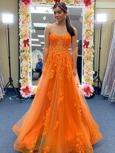 Strapless Sweetheart Neck Orange Tulle Lace Long Prom Dresses, Orange Lace Formal Evening Dresses Prom Dresses Orange, Winter Wedding Venues, Dresses Orange, Tulle Evening Dress, Tulle Sleeves, Prom Dresses For Sale, Long Prom Dresses, A Line Prom Dresses, Applique Dress