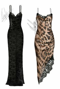 two dresses with leopard print on them, one in black and the other in brown