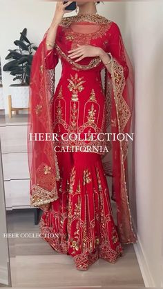 party wear red sharara or gharara suit punjabi for the girls💗 Red Designer Lehenga, Red Heavy Suit, Heavy Suits Designs, Gharara For Wedding, Punjabi Bridal Outfits, Pakistani Outfits Ideas, Red Punjabi Suit Party Wear, Bridesmaid Punjabi Suits, Punjabi Wedding Dresses Women