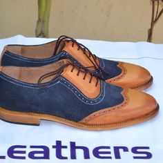 Brown Blue Suede Leather Handmade Wingtip Oxford Dress Shoes on Storenvy Quality Leather Boots, Wingtip Shoes, Custom Design Shoes, Oxford Dress Shoes, Wingtip Oxford, Oxford Dress, Blue Suede, Blue Fashion, Leather Handmade