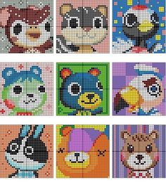 six cross stitch pictures with different animals on them, all in various colors and sizes