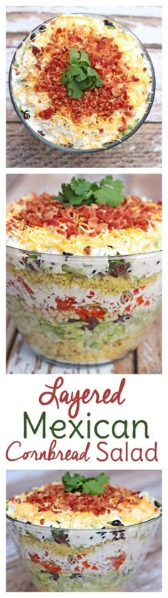 layered mexican cornbread salad in a glass bowl on a wooden table with text overlay