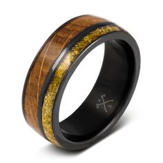 black ceramic ring with yellow glitter inlays and cross on the inside, made from wood