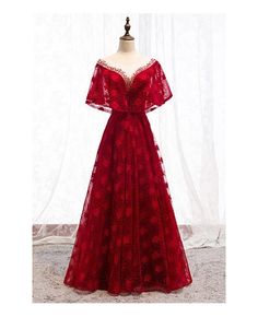 Shop long red lace flowers formal dress with cape sleeves online. All instock with free shipping. Pro since 2009. Formal Dress With Cape, Dark Red Lace Dress, Dark Red Wedding, Dress With Cape Sleeves, Dress With Cape, Long Red Dress, Cape Sleeves, Wedding Rentals, Evening Formal