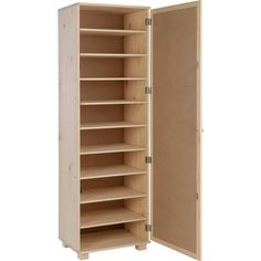 an open wooden cabinet with shelves and doors