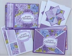 four birthday cards with purple flowers on them