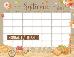 a printable calendar with fall leaves and pumpkins on the side, including an image of a wheelbarrow