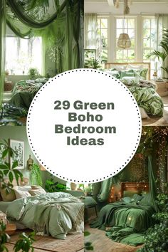 a bedroom with green bedding and plants in the corner, surrounded by greenery