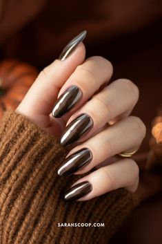 Fall Chrome Ombre Nails, Chocolate Brown Nails With Chrome, November Nails Chrome, Coffee Chrome Nails, Thanksgiving Chrome Nails, Dark Brown Chrome Nails, Chrome Brown Nails, Gray Chrome Nails, Brown Nails With Chrome