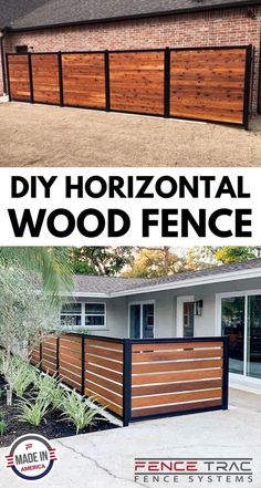 two pictures showing how to build a horizontal wood fence