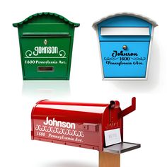 three different colored mailboxes are on display