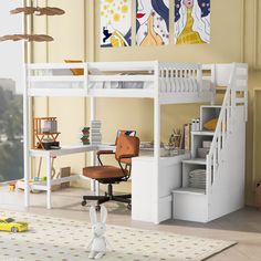 a white loft bed with desk and chair in a room next to a painting on the wall