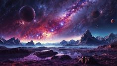 an artist's rendering of planets in the sky with mountains and stars around them