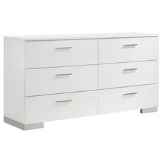 a white dresser with six drawers and two doors on each side, in front of a white background