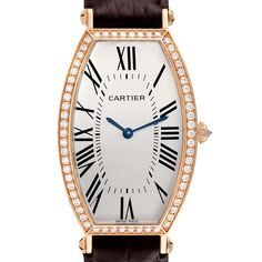 Cartier Tonneau Rose Gold Silver Dial Diamond Ladies Watch 2849. Manual winding movement. 18K rose gold tonneau case 46.6 mm x 26.5 mm. Circular grained crown set with an original Cartier factory diamond. 18K rose gold bezel set with original Cartier factory diamonds. Scratch resistant sapphire crystal. Silver dial with black Roman numerals. Sword shaped blued steel hands. Brown leather strap with 18K rose gold deployant buckle. Classic Oval Diamond Watch For Formal Occasions, Classic Rose Gold Diamond Watch, Formal Oval Diamond Watch With Diamond Hour Markers, Classic Rose Gold Diamond Watch For Formal Occasions, Luxury Oval Watches With Diamond Hour Markers, Luxury Rose Gold Diamond Watch With Rectangular Dial, Rose Gold Rectangular Dial Watch For Evening, Timeless Oval Diamond Watch, Formal Rose Gold Diamond Watch With Rectangular Dial