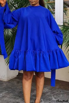 Olivia Mark - Modern and Chic Flounce Fold A-Line Dress in Classy Blue with Sweet Solid Patchwork, Suitable for Casual Occasions Style Ankara, Dresses With Ruffles, Hubble Bubble, Flounce Dress, Line Dresses, Marine Uniform, Vogue Dress, A Line Dresses, Bubble Sleeve