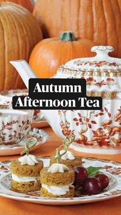 autumn afternoon tea with pumpkins in the background