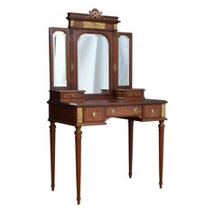 an antique dressing table with mirror and stool on it's legs, isolated against a white background