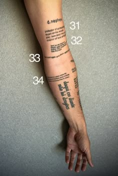 a person's arm with numbers on it and the words written in different languages