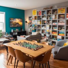 a living room filled with furniture and a chess board on top of a wooden table