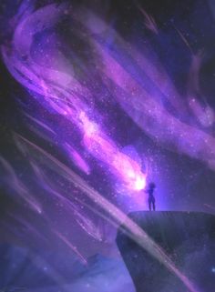 a person standing on top of a cliff under a purple sky with stars and clouds