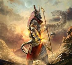 an egyptian warrior holding a spear and shield in front of a dragon like mountain range