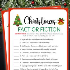 Printable Christmas Fact or Fiction   WHAT YOU GET 1 Printable Christmas Games in both 5 × 7" Size and 8.5 x 11" (2 per page) 1 Answer Key Template HOW IT WORKS: After purchase, you will receive a download link where you will access your PDF files in 8.5 × 11 and 5 x 7 inches (printed as 2 games on an 8.5 by 11 Inch paper or A4) inches size that you can print at home or at the printing shop. You will also receive an email from Etsy with your download(s) or feel free to log in to your account to access your downloads at any time.  It prints beautifully! --THIS IS A DIGITAL DOWNLOAD. NO PHYSICAL ITEM WILL BE SHIPPED TO YOU.  -- THESE ARE NOT EDITABLE FILES. YOU CANNOT CHANGE ANYTHING. PRINT AS IT IS --WE DON'T OFFER CUSTOMIZATIONS. Christmas Morning Games, Holiday Games For Family, Printable Christmas Party Games, Christmas Brunch Menu, Key Template, Party Games Christmas, Funny Christmas Games, Fact Or Fiction, Games Christmas