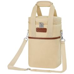 a white bag with brown handles and straps