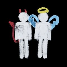 two people with angel wings standing next to each other in front of a black background