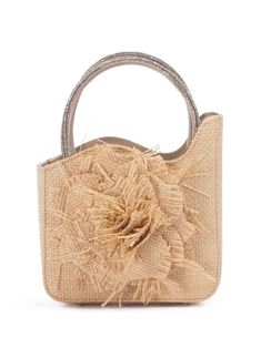 beige woven raffia design floral appliqué crystal embellishment circular top handles detachable shoulder strap main compartment silver-tone hardware open top Elegant Spring Bags With Round Handle, Elegant Spring Bag With Round Handle, Elegant Bags With Round Handle For Spring, Elegant Beige Straw Bag With Top Carry Handle, Elegant Natural Straw Bag With Top Carry Handle, Evening Straw Tote Bag With Detachable Handle, Evening Straw Bag With Double Handle, Evening Straw Bag With Braided Handles, Evening Straw Bag With Braided Top Handle