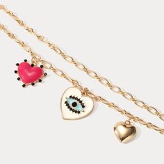 Feel the love with our Evil Eye Heart Bracelet. Crafted with a singular focus, this bracelet offers an exquisitely-crafted representation of protection and love, alluringly adorned with a delightful heart bearing an eye at its center. Ensuring that the wearer is blessed by the all-seeing eye of affection, this luxurious piece is sure to captivate and enchant. Detail Plating: 18K Gold Materials: 18K Gold on Alloy Size:  Length:6.69 "(17cm)+Extender: 2.17"(5.5cm ) Weight: 17.9g Symbolic Jewelry For Promise On Valentine's Day, Symbolic Jewelry With Heart Charm For Gift, Symbolic Heart Charm Jewelry As Gift, Symbolic Promise Jewelry For Valentine's Day, Heart Charm Chain Bracelet For Friendship, Gold Promise Bracelets With Heart Charm, Gold Heart Bracelet With Heart Charm For Promise, Gold Jewelry With Heart Charm For Friendship, Valentine's Day Symbolic Jewelry With Heart Charm