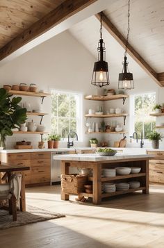 a kitchen with wooden cabinets and open shelves