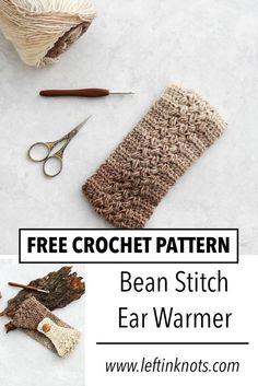 crochet pattern bean stitch ear warmer with text overlay that reads free crochet pattern bean stitch ear warmer