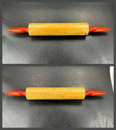 two pictures of an orange rolling pin on a metal surface, one with red tips and the other without