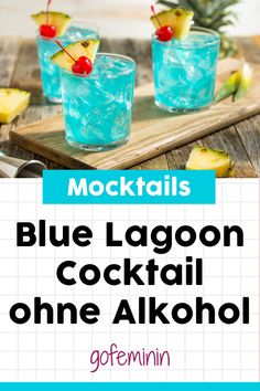 two blue lagoon cocktails with pineapple garnish on the side and text overlay