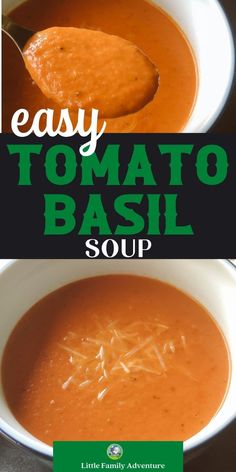 easy tomato basil soup in a white bowl with a spoon and title overlay that reads easy tomato basil soup