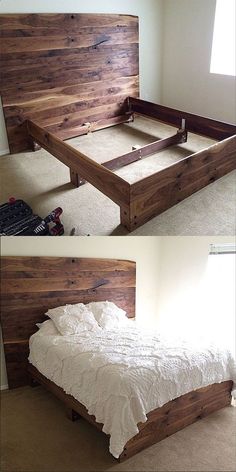 the bed frame is made out of wood and has no headboard or foot board