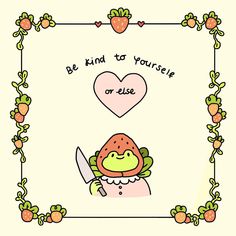 a cartoon frog holding a knife in front of a frame with strawberrys on it