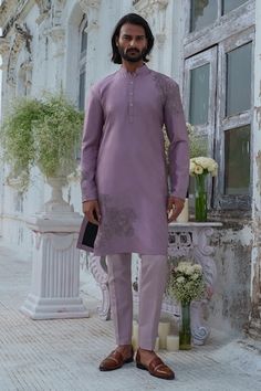 Purple full sleeves kurta with blossom thread and beaded embroidery. Paired with a trouser. - Aza Fashions Reception Kurta With Embroidered Long Sleeves, Kurta With Embroidered Sleeves For Reception, Fitted Lawn Suit With Chikankari Embroidery For Reception, Spring Kurta With Intricate Embroidery For Reception, Unstitched Long Sleeve Suit With Intricate Embroidery For Spring, Fitted Lawn Suit With Traditional Drape For Reception, Festive Traditional Wear With Embroidered Sleeves And Semi-stitched Fit, Traditional Lawn Suit For Spring Formal, Spring Reception Kurta With Intricate Embroidery