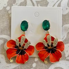 Orange Enamel Flowers Drop Earrings Green Crystal Dangle Earrings Party Jewelry Hibiscus Orange Flower Earrings For Party, Orange Flower Shaped Earrings For Party, Green Dangle Flower Earrings For Party, Orange Party Earrings For Pierced Ears, Orange Dangle Earrings For Party, Green Flower Earrings For Party, Green Flower Shaped Earrings For Party, Green Flower Shaped Party Earrings, Green Flower-shaped Party Earrings