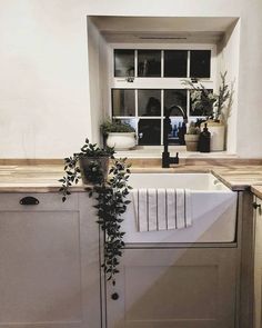 a white sink sitting under a window next to a counter top with plants on it