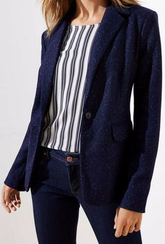 Ann Taylor LOFT Speckled Modern Knit Blazer NEW WITH TAGS ATTACHED AVAILABLE IN REGULAR SIZES: 4 COLOR: Navy (C1786) RETAIL PRICE: $118.00 Shell: 69% Polyester, 24% Wool, 7% Other Fiber(s) Lining: 100% Polyester Machine Wash in Cold Water; Dry Low Imported Modern knit single-button blazer!   Notched lapel Long sleeves with button cuffs (3 buttons on each cuff) Single-button front Front flap pockets Back double vent Lined Flowy fit Versatile Soft knit Approximate laying flat armpit to armpit meas Casual Tailored Tweed Jacket With Buttons, Casual Tweed Jacket With Buttons For Business Casual, Business Casual Tweed Jacket With Buttons, Casual Tweed Jacket With Buttons For Work, Casual Tweed Jacket For Office With Button Closure, Casual Tweed Jacket For Office, Megan Draper, Blue Blazer Women, Modern Knitting