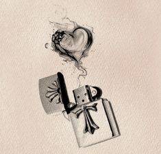 a drawing of a box with a heart on it and a lighter in the air