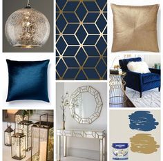 a collage of blue, gold and white items including lamps, mirrors, pillows, rugs