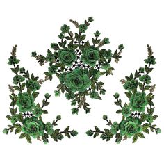 green flowers and leaves are arranged in the shape of a snowflake on a white background