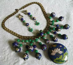 Miriam Haskell Vtg Cloisonné and Green Glass Necklace and Earring Set | eBay Mid-century Handmade Wedding Jewelry, Vintage Blue Ceremonial Jewelry, Miriam Haskell Necklace, Miriam Haskell, Necklace And Earring Set, Glass Necklace, A Flower, Green Glass, Vintage Watches