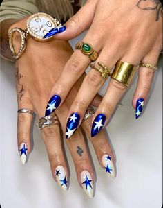 Red And Blue Star Nails, Blue Star Nails Acrylic, Abba Nails, Nails July 4th, Blue Orange Nails, Silver And Blue Nails, Orange And Blue Nails, Blue Star Nails, Black French Tip Nail