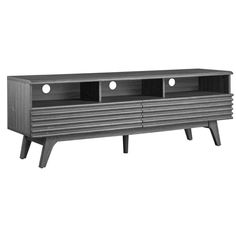 a black and white photo of a tv stand with two compartments on each side,